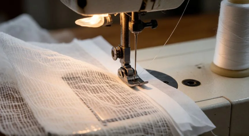 Máquina de coser trabajando una pieza de gasa blanca con papel de seda de protección debajo
