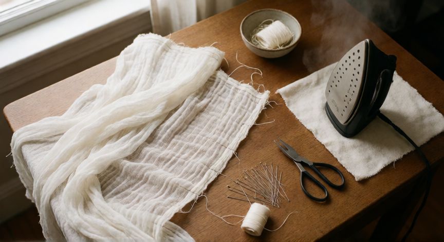 como coser gasa en maquina, Mesa de costura con gasa doblada, plancha con vapor y alfileres finos para dobladillos