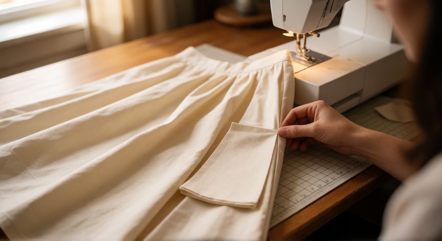 como coser godets, Manos cosiendo un godet en el lateral de una falda midi de algodón crema sobre mesa de corte de madera