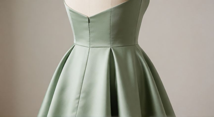como coser godets, Detalle de un godet terminado en la espalda de un vestido A-line de satén verde salvia sobre maniquí de costura