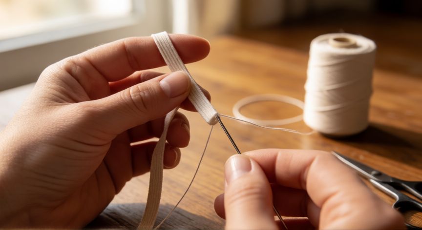 como coser goma a mano, Manos cosiendo una goma elástica a mano con aguja e hilo sobre mesa de madera