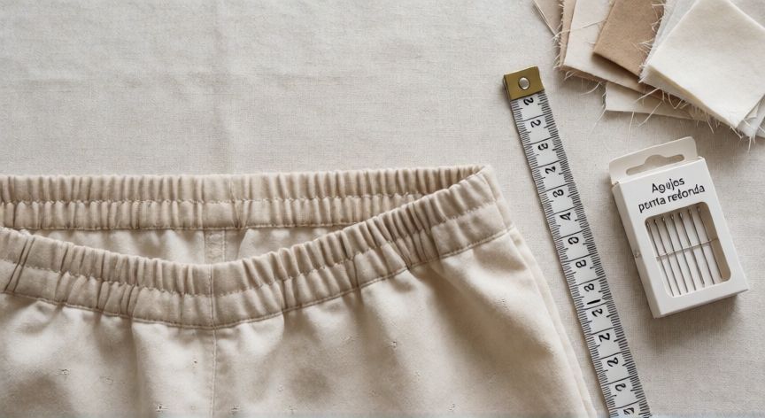 como coser goma a mano, Vista cenital del área de costura con prenda terminada con goma cosida y utensilios de costura