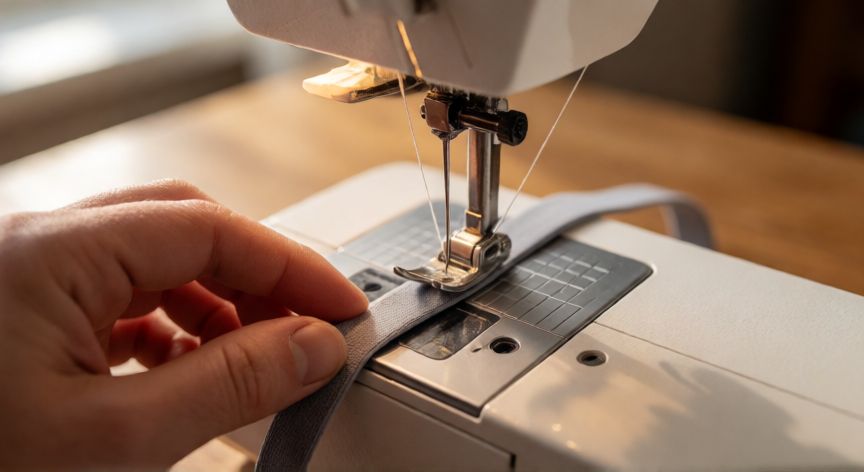 como coser goma a maquina, Máquina de coser con aguja stretch cosiendo una cinta elástica gris sobre mesa de madera