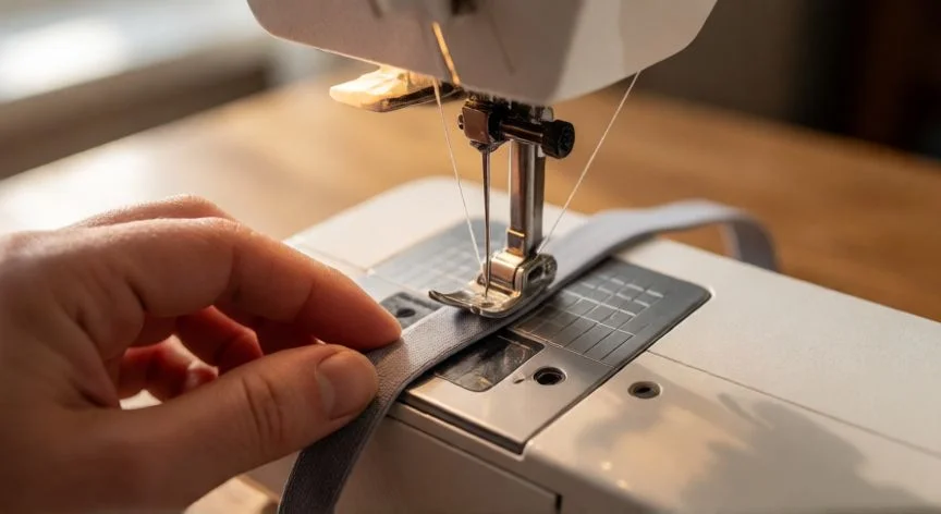 Máquina de coser con aguja stretch cosiendo una cinta elástica gris sobre mesa de madera