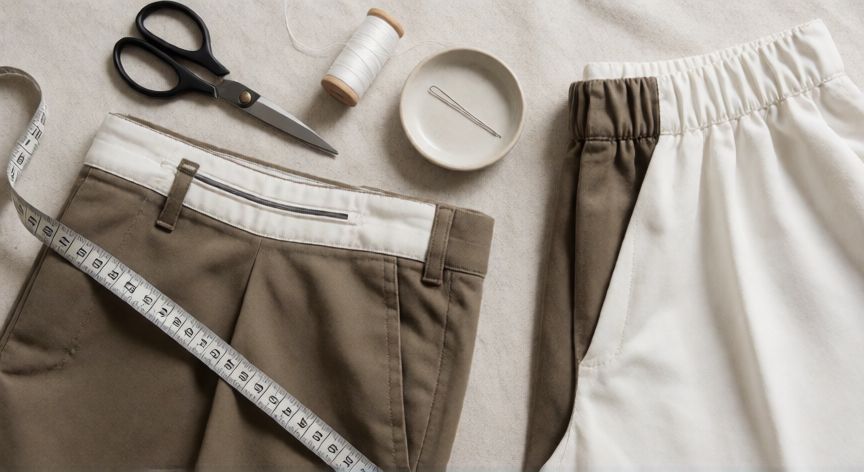 como coser goma a maquina, Espacio de costura con canal elástico para pantalón, cinta métrica, aguja stretch e hilo blanco sobre tela de lino