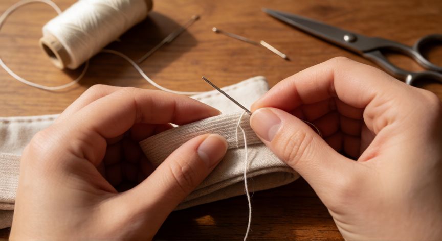 como coser goma elástica a mano, Manos cosiendo goma elástica a mano con puntada corrida en una cinturilla de tela