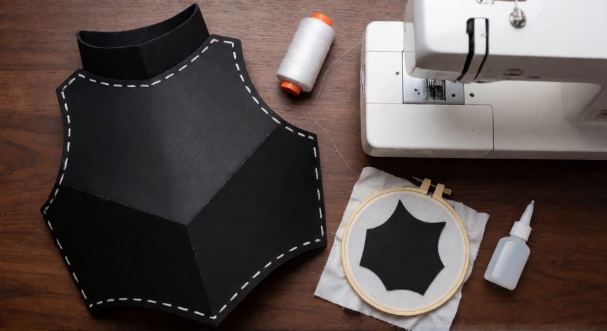 como coser goma eva, Pieza de cosplay de goma EVA negra cosida con hilo blanco junto a máquina de coser, aro de bordado y pegamento EVA en mesa de trabajo