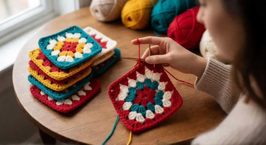 Manos haciendo un cuadrado granny a crochet con lana de colores sobre una mesa de madera