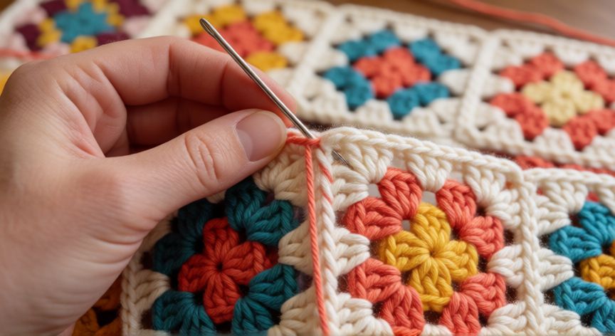 como coser grannys, Costura de dos cuadrados grannies con aguja lanera usando puntada de colchón