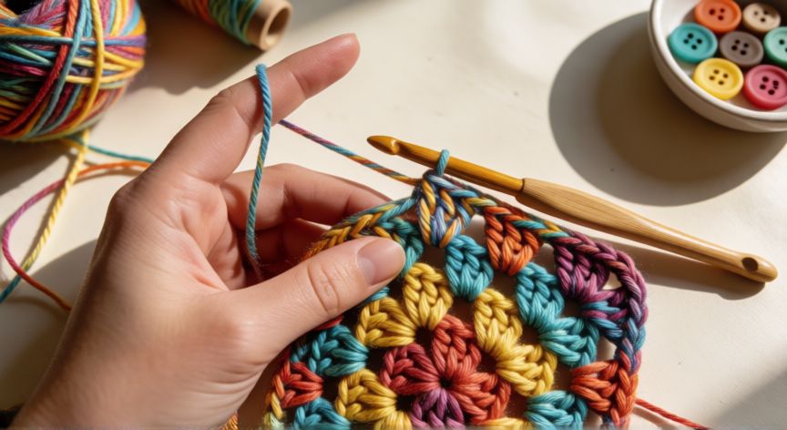 como coser grannys a crochet, Manos tejiendo un cuadrado granny a crochet con ganchillo de madera y hilos de colores