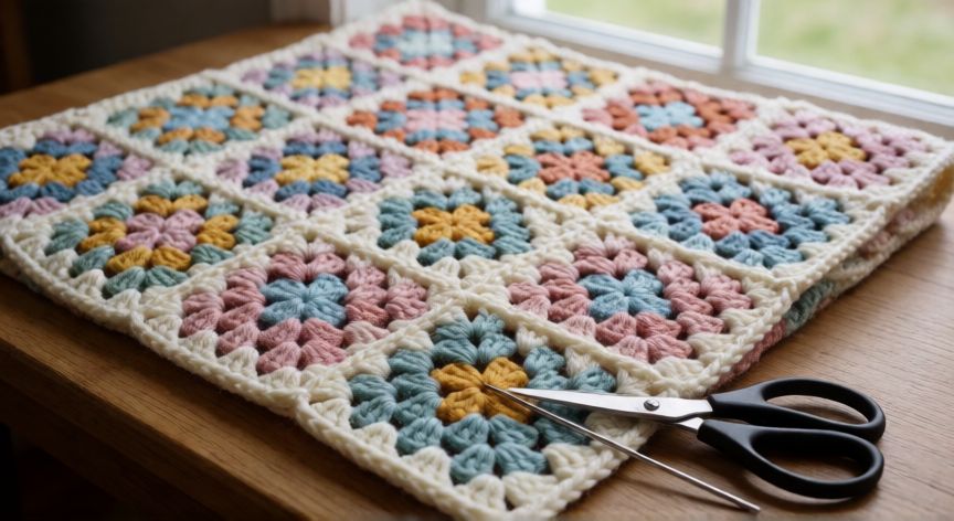 como coser grannys a crochet, Manta de cuadrados granny unidos con costura invisible sobre mesa de madera