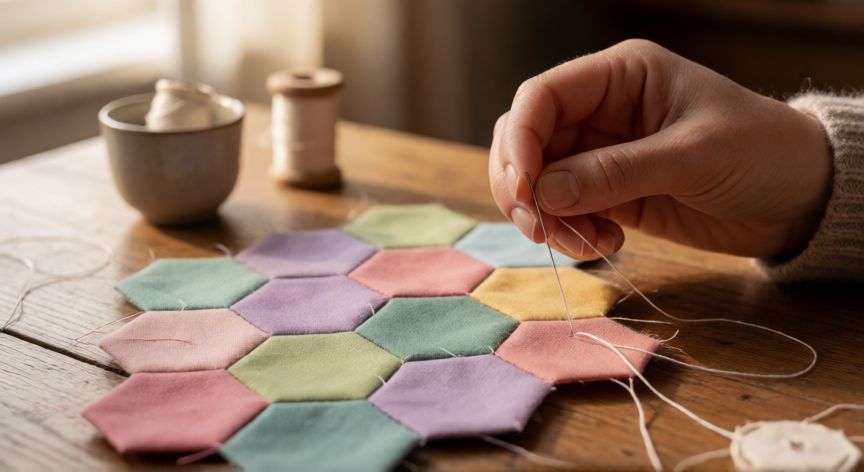 como coser hexágonos de patchwork a mano, Manos cosiendo hexágonos de patchwork a mano con aguja e hilo sobre mesa de madera