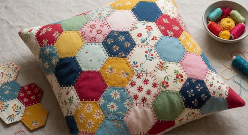 como coser hexágonos de patchwork a mano, Cojín terminado de patchwork hexagonal con puntadas decorativas a mano visibles