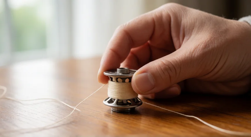 como coser hilo elastico a maquina, Manos enrollando hilo elástico a mano en una canilla de máquina de coser