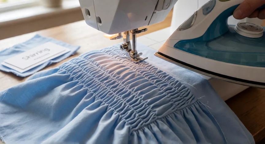 como coser hilo elastico a maquina, Máquina de coser haciendo filas de shirring sobre tela azul con fruncido visible