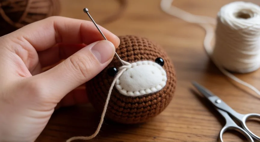 Manos cosiendo el hocico blanco ovalado a la cabeza de un amigurumi con aguja de tapicería