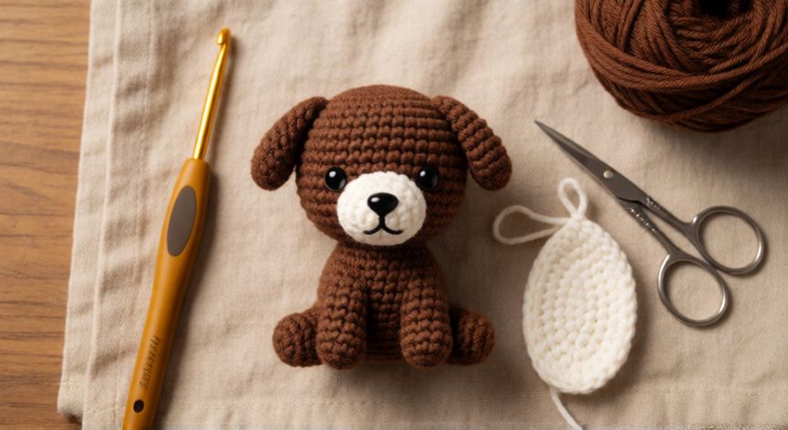 como coser hocico amigurumi, Amigurumi de perro terminado con hocico blanco cosido, junto a herramientas de ganchillo sobre lino beige