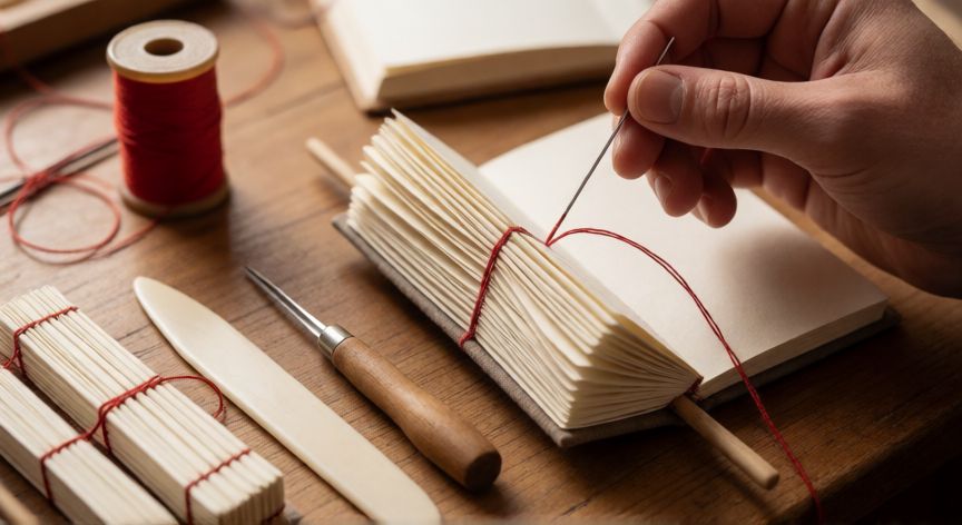 como coser hojas para encuadernar, Manos cosiendo un cuadernillo con aguja e hilo rojo encerado sobre barra de encuadernación