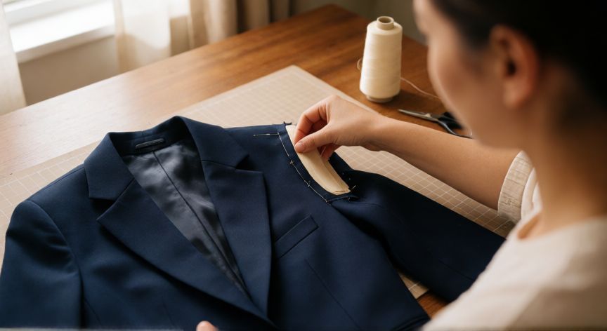 como coser hombreras, Manos cosiendo una hombrera en el interior de un blazer azul marino con alfileres y puntada zigzag
