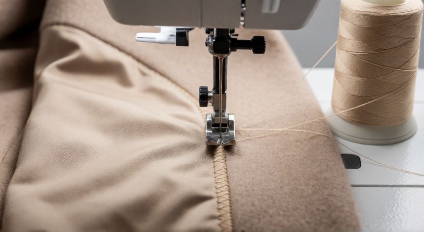 como coser hombreras, Detalle de puntada zigzag cosiendo el borde de una hombrera en el forro de una chaqueta de lana beige