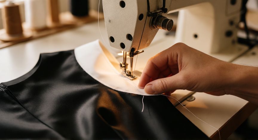como coser hombreras a un vestido, Manos cosiendo una hombrera blanca en la costura del hombro interior de un vestido de satén negro