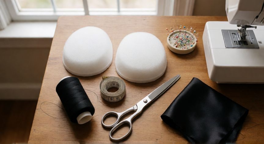 como coser hombreras a un vestido, Materiales de costura para colocar hombreras: fieltro, hilo, tijeras y tela dispuestos sobre mesa de madera
