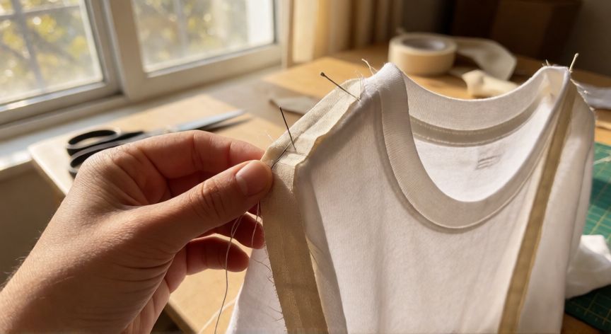 como coser hombreras a una camiseta, Manos cosiendo una hombrera de tela a la parte superior del hombro de una camiseta blanca con aguja e hilo