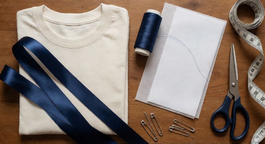 como coser hombreras a una camiseta, Materiales de costura sobre mesa de madera: camiseta, tiras de cinta, entretela, hilo, tijeras y alfileres dispuestos para coser hombreras