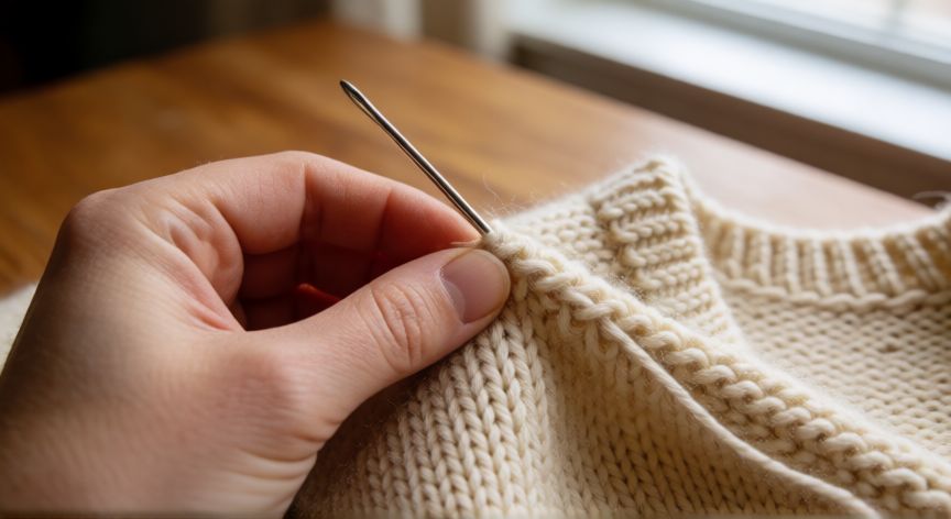 como coser hombros tejidos a dos agujas, Manos cosiendo la costura del hombro de un jersey tejido con puntada de colchón y aguja de tapicería