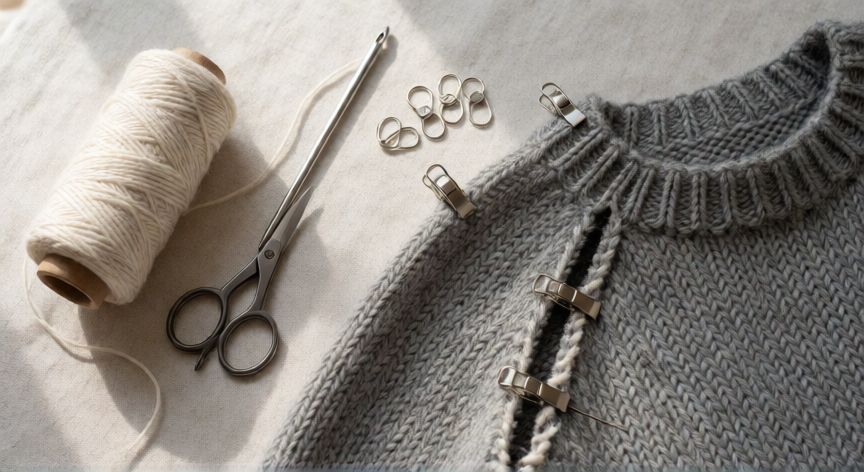 como coser hombros tejidos a dos agujas, Herramientas de remate de tejido: aguja de tapicería, hilo de lana, tijeras y jersey gris con hombros por unir sobre lino