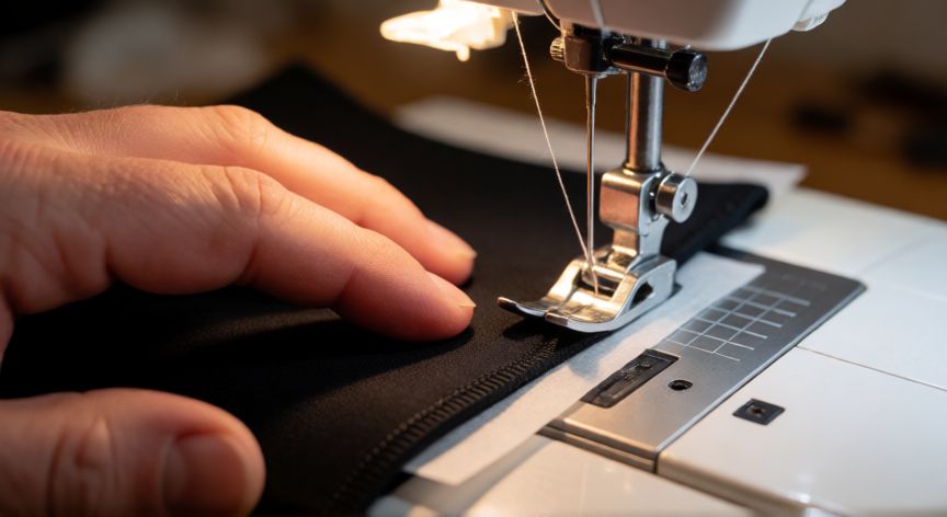 como coser hule a maquina, Manos cosiendo hule neopreno en máquina de coser con pie walker y papel encerado