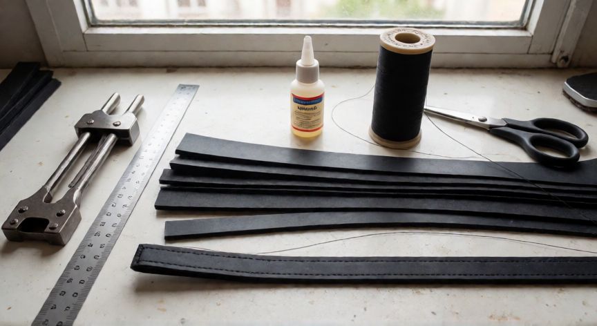 como coser hule a maquina, Mesa de trabajo con herramientas para coser hule: punch, regla, tiras de goma, adhesivo e hilo nylon