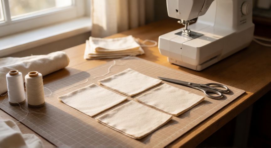 como coser individuales de tela, Mesa de costura con tela de algodón cortada en cuadrados, tijeras, bobinas de hilo y máquina de coser