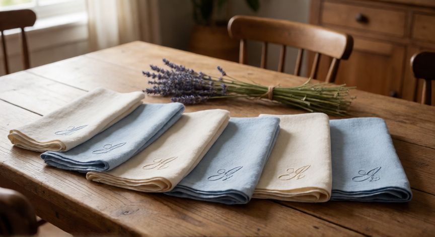 como coser individuales de tela, Set de servilletas de lino dobladas con bordado inicial sobre mesa de madera rústica