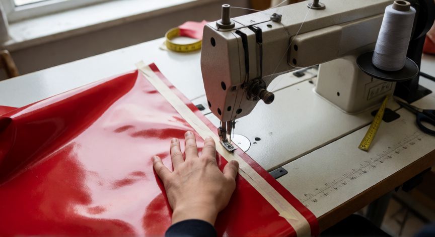 como coser inflables, Manos cosiendo vinilo PVC en máquina de coser industrial con hilo de poliéster