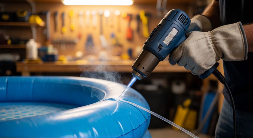 como coser inflables, Soldadura de PVC con pistola de calor sobre la costura de un flotador hinchable azul