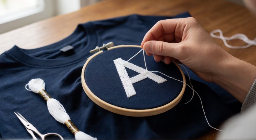 como coser iniciales en ropa, Manos bordando la inicial A con hilo blanco sobre camiseta azul marino usando bastidor de bordado