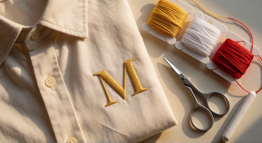 como coser iniciales en ropa, Camiseta de algodón con inicial M bordada en hilo dorado con puntada satén y materiales de bordado alrededor