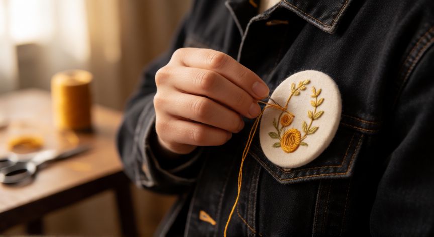 como coser insignias, Manos cosiendo una insignia de tela bordada sobre una chaqueta vaquera con hilo amarillo
