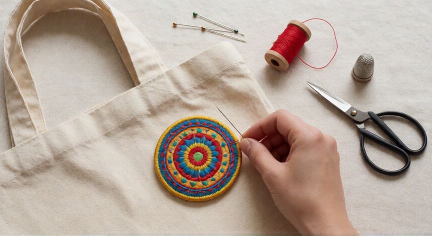 como coser insignias, Vista cenital de mesa de costura con parche bordado sobre bolsa de lona y herramientas de coser