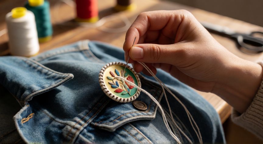 como coser insignias a mano, Manos cosiendo una insignia redonda al borde de una chaqueta vaquera con aguja e hilo blanco