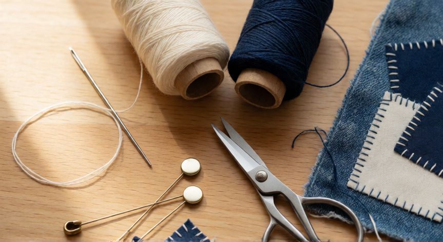 como coser insignias a mano, Materiales para coser insignias: aguja, hilo, tijeras y parches sobre mesa de madera en vista cenital