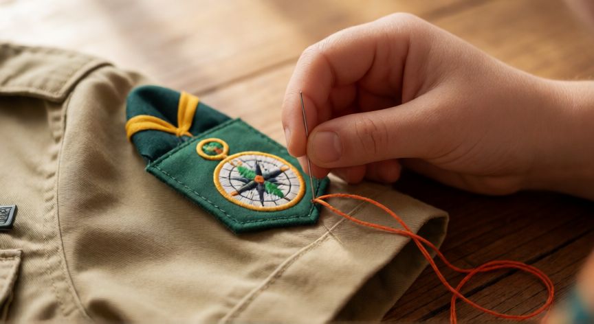 como coser insignias scouts, Manos cosiendo un parche scout de tela en la manga de una camiseta kaki con hilo naranja