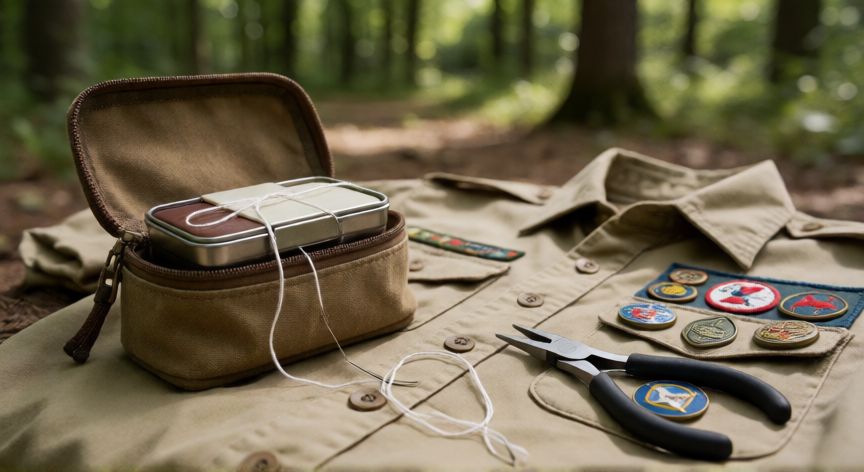 como coser insignias scouts, Kit de costura scout con aguja, alicates e hilo junto a una camiseta scout con insignias metálicas y parches en un campamento