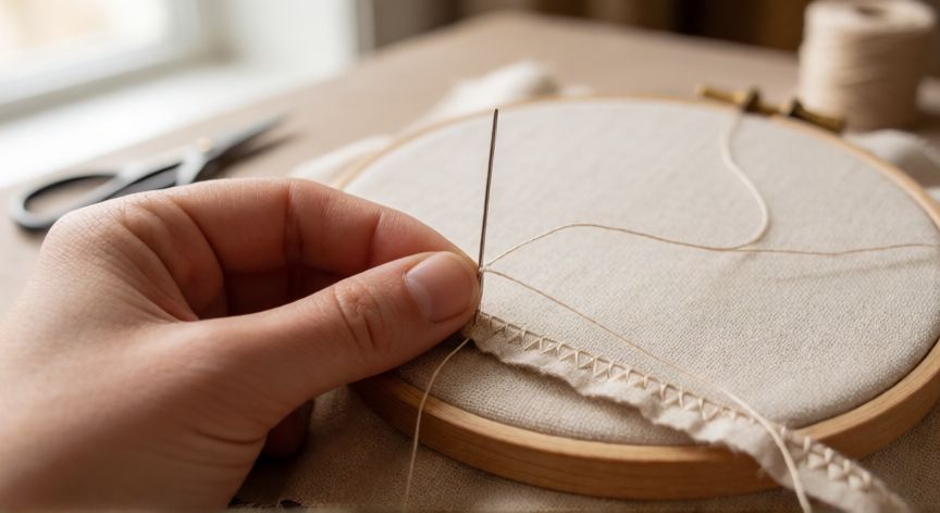 como coser invisible, Manos cosiendo punto invisible a mano en el dobladillo de una tela de lino con bastidor