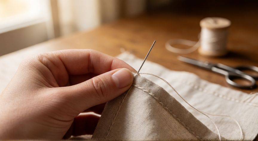 como coser invisible a mano, Manos cosiendo una puntada invisible a mano sobre tela de lino con aguja fina e hilo a juego