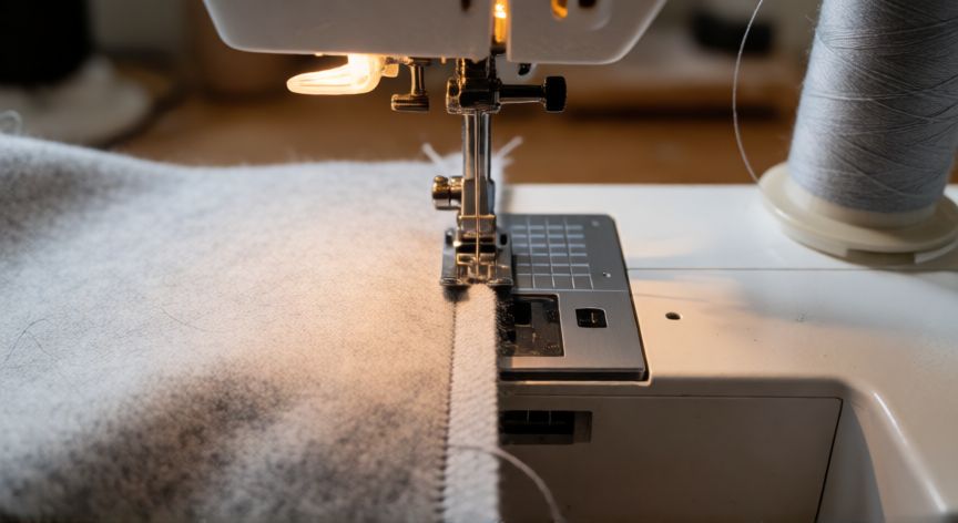 como coser invisible en tejido, Máquina de coser doméstica realizando puntada invisible en el bajo de una falda de lana gris