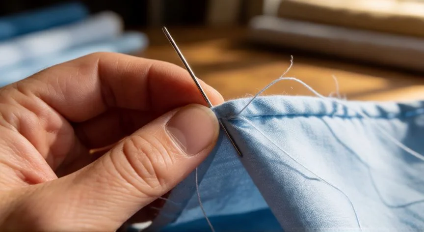 Manos realizando puntada invisible a mano en el dobladillo de una tela azul clara