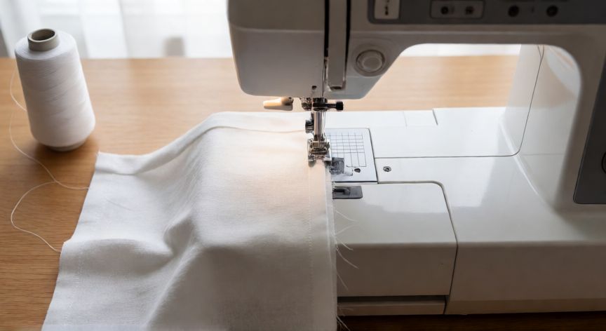 como coser invisible en tela, Máquina de coser configurada en puntada ciega cosiendo un dobladillo en lino blanco