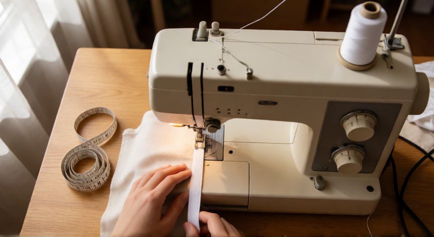 como coser jaretas a maquina, Máquina de coser con una jareta elástica bajo el prensatelas mientras se cose una cinturilla